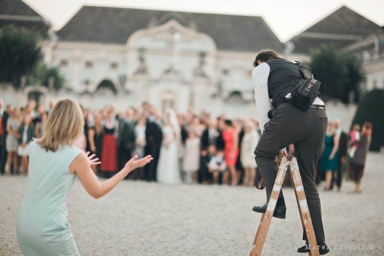 wedding photographer on a ladder to take group photo - Schloss Halbturn